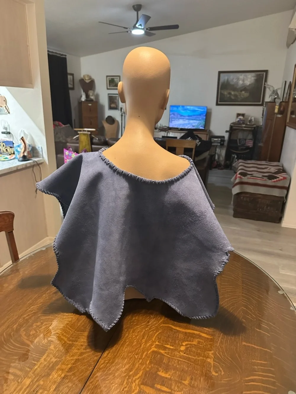 Hand Crafted by Redhawk Designs Blue Leather Poncho w/a dream catcher accent. - Picture 2 of 4